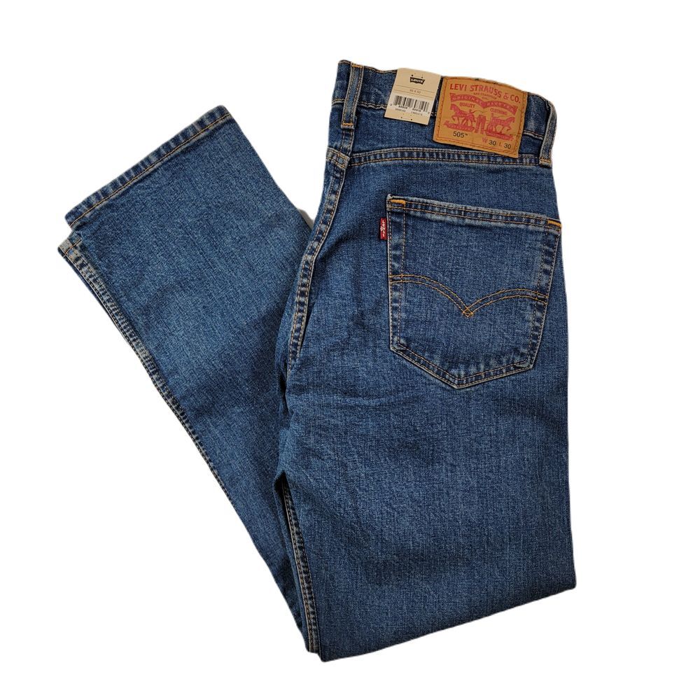 Levis 505 Jeans Men 38x30 Stonewash Blue Stretch Denim Straight Leg Regular